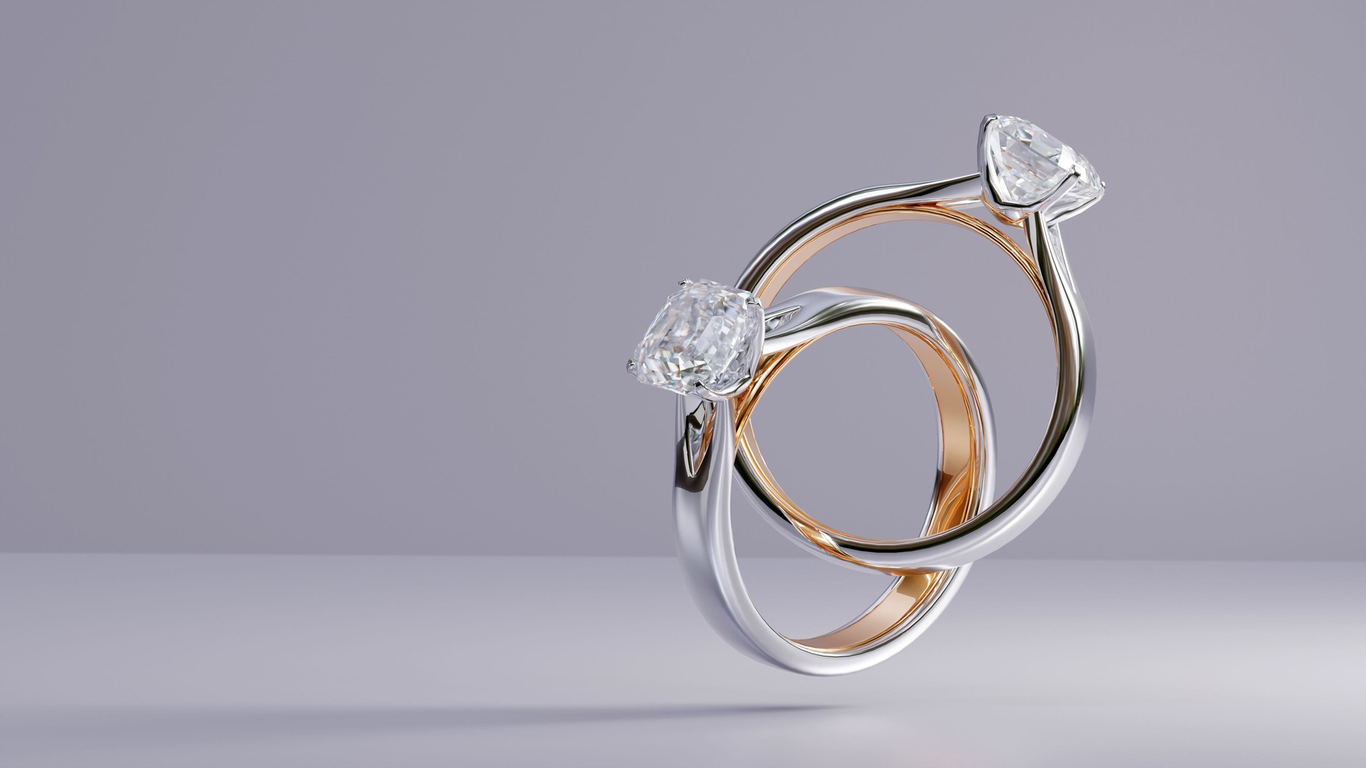 Platinum and gold ring with square diamonds floating on white background from design with 3d render.